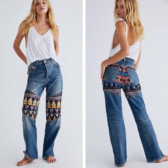 Free People Denim - We The Free Free People Rocky Mountain Straight Leg Jeans Western Patchwork 27